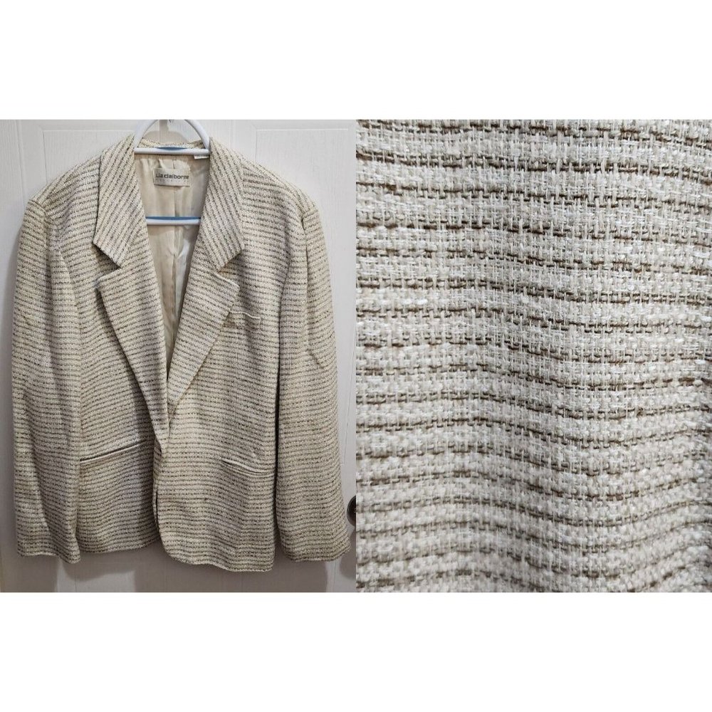 Vintage Liz Claiborne Women's 1 Button Blazer Jacket Off White Tweed Union Made‎